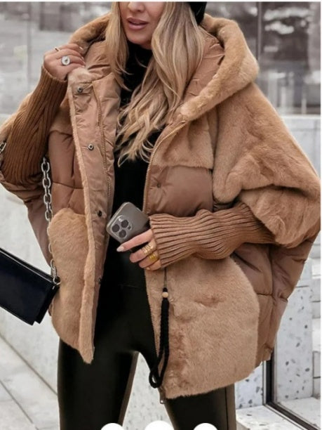 Loose-fitting Faux Fur Hoodie Quilting Knitted Cuff Cotton Jacket/down Jacket