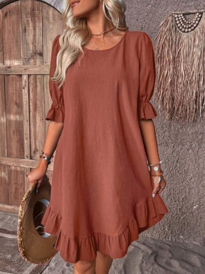 Ruffle Puff Sleeve Round Neck And Full Skirt Mini&Short Dresses