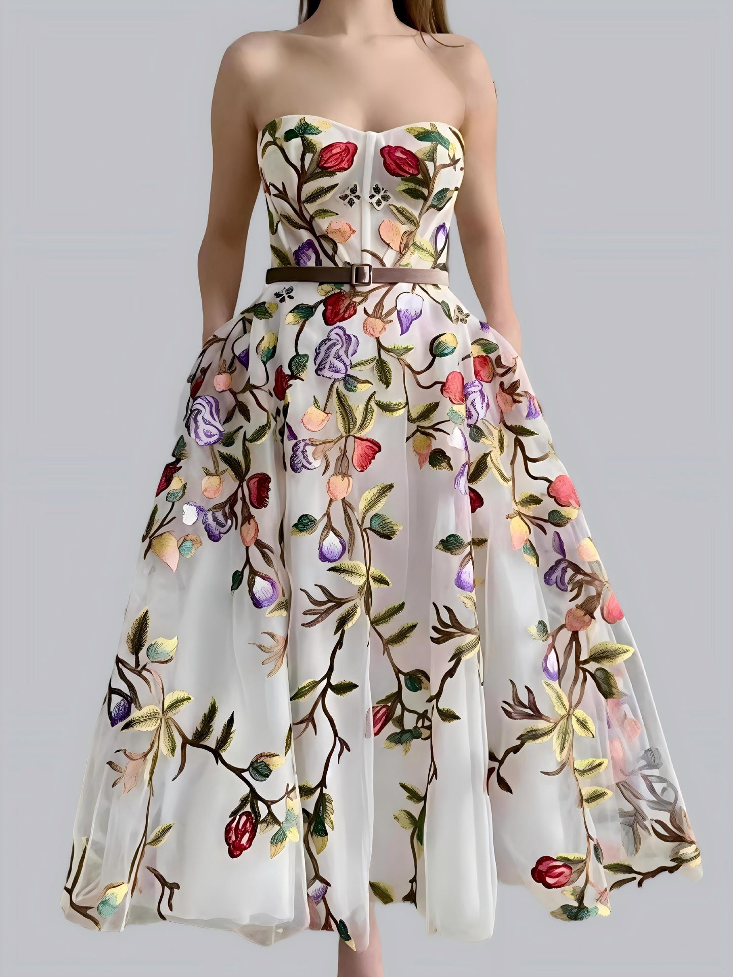 White 3D Flower Embroidery Mesh Off-shoulder Strapless Top Maxi Dresses