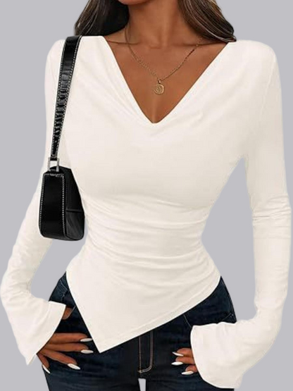 V-neck Asymmetrical Hem Slim Fit Slimming Stack Collar Basic T-shirts