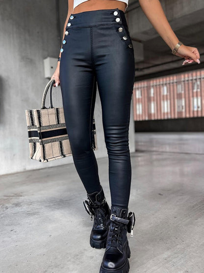 Imitation Leather Buttons High-waisted Slim Fit Pencil Trousers