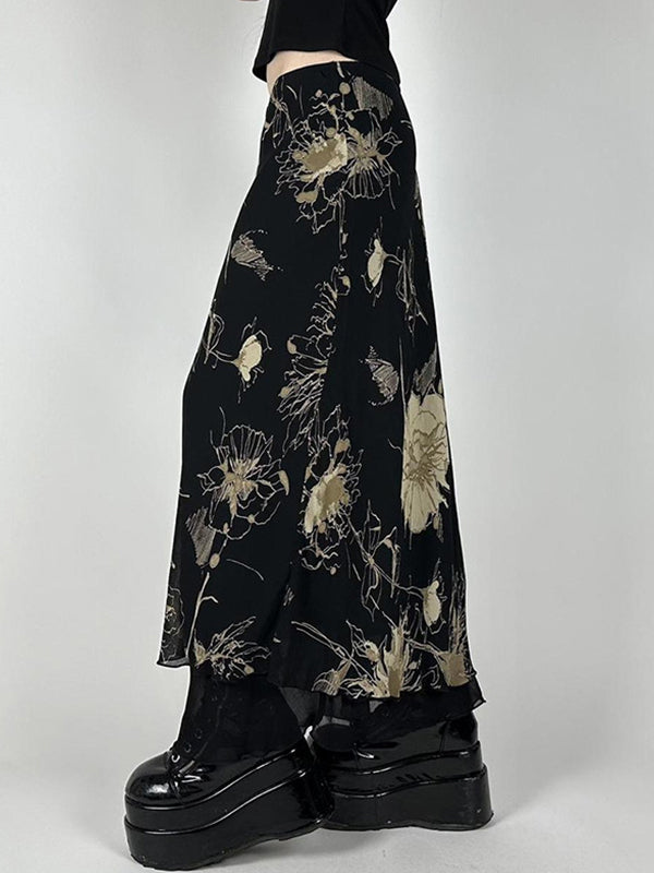 European And American Style Retro Tie-Dye Floral Print Mesh Maxi Skirts