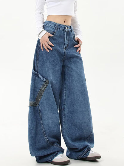 American Retro Leopard Print Stitching Boyfriend Jeans