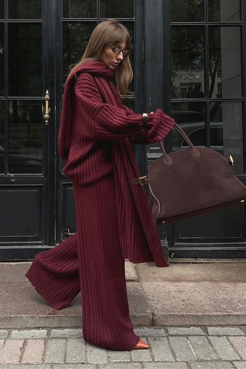 Relaxed Fit V Neck Ribbed Sweater with Pants Two Piece Pants Set