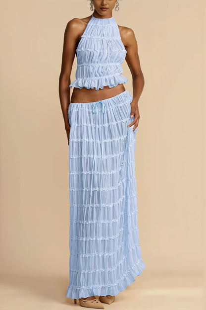 Sexy Lace Trim Halter Open Back Ruched Skirt Sets