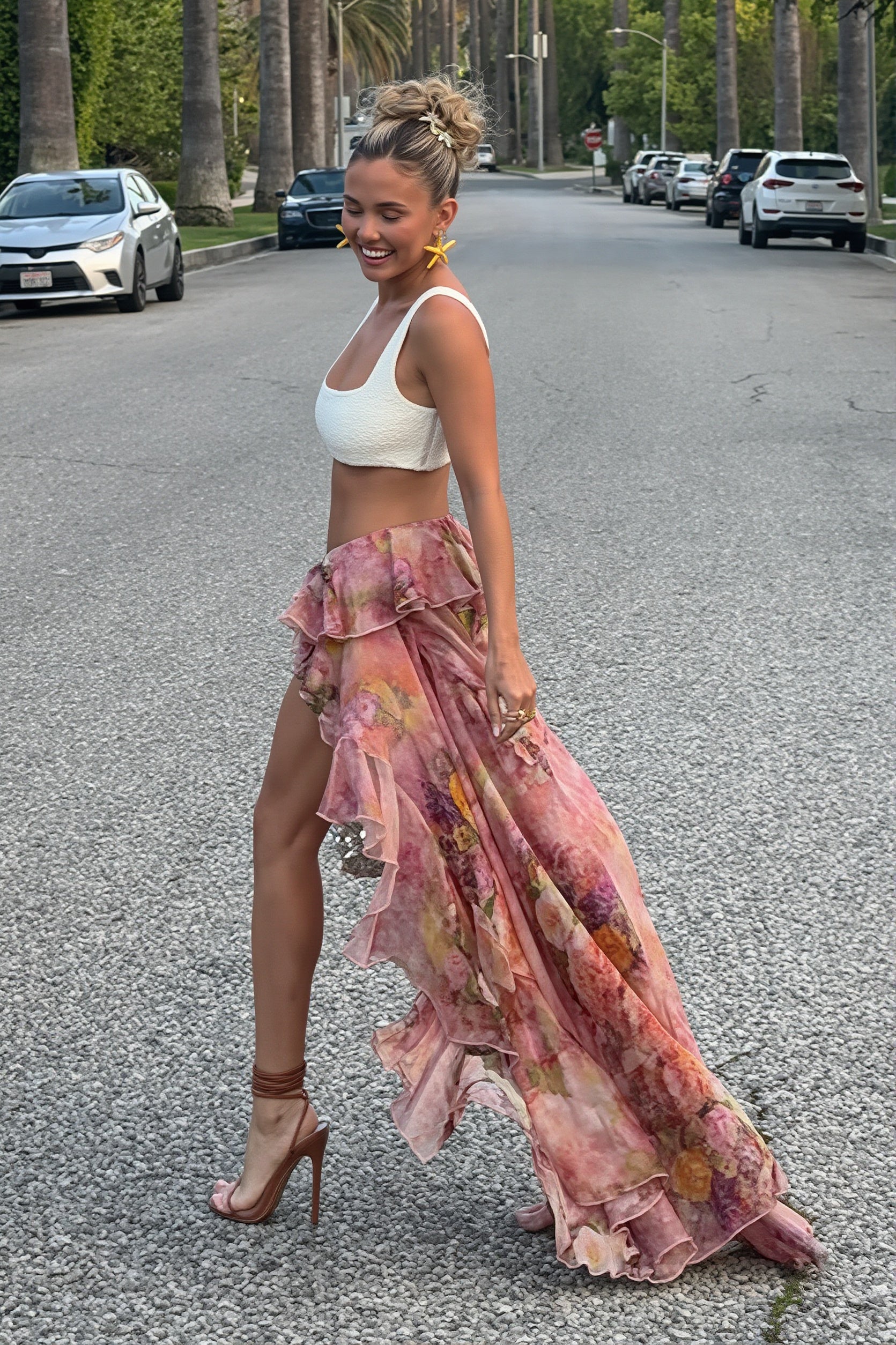 Chic Floral Print Double Ruffle Asymmetric Skirt