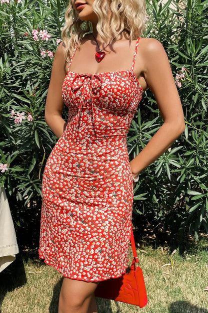Stylish Red Printed Suspender Floral Dres