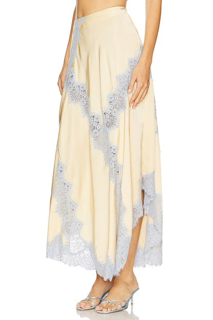 Wine Tasting Contrast Color Satin Lace Trim Irregular Hem Drape Midi Skirt