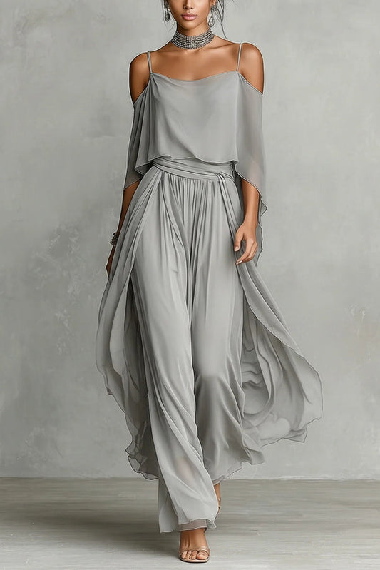 Solid Color Chiffon Off-shoulder Camisole Top and Casual Wide-leg Pants Set