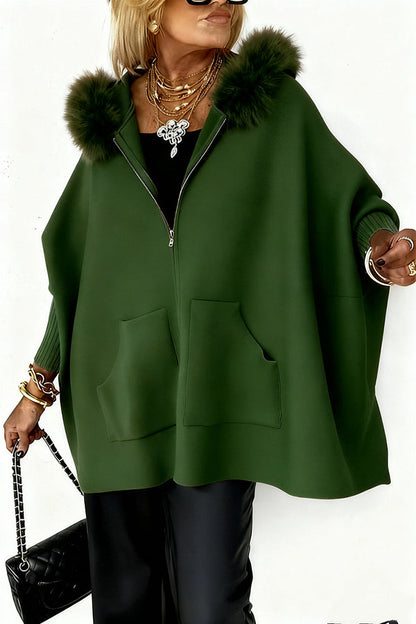 Warm Call Knit Long Sleeve Zipper Plush Hooded Pocket Loose Cardigan