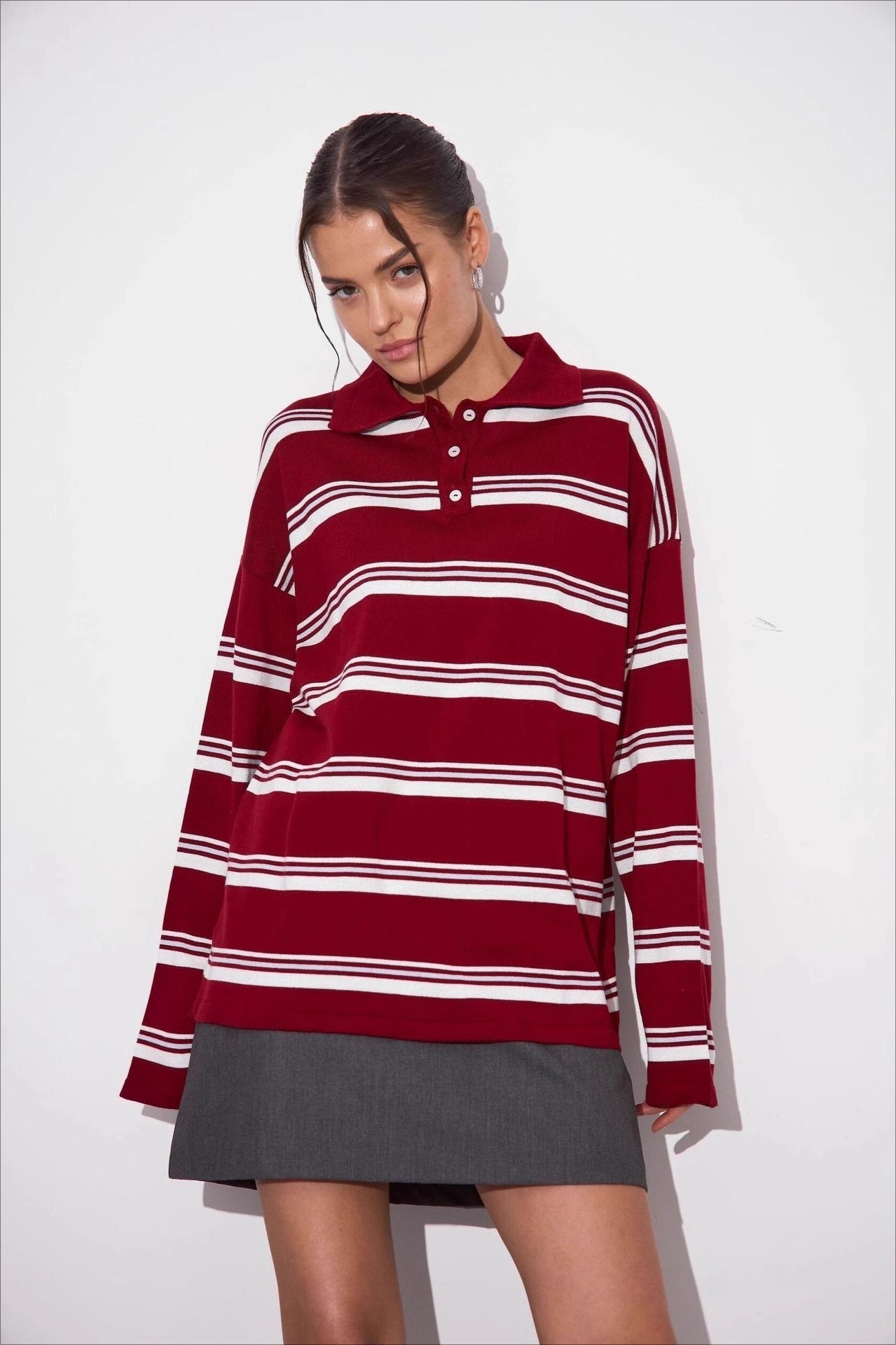 Relaxed Collared Striped Long Sleeve Blouse