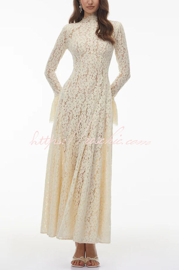 Nasrin Floral Lace Mock Neck Long Bell Sleeve Pleated Hem Maxi Dress
