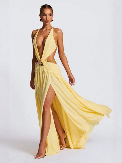 Halter Neck Deep V Lace-up Backless Sexy High Slit Metal Decoration Maxi Dresses