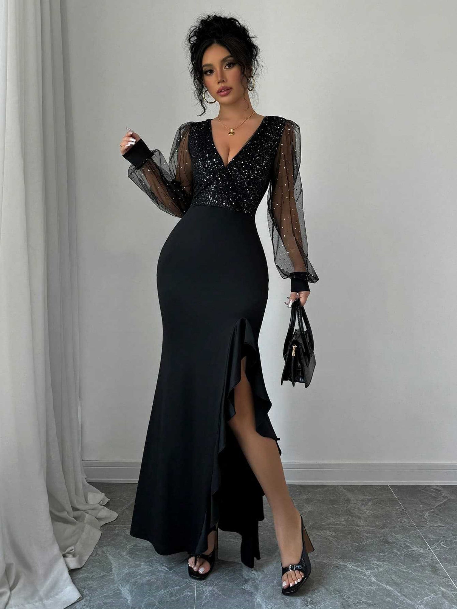 V-neck High-waisted Sequins Splicing Maxi Dresses