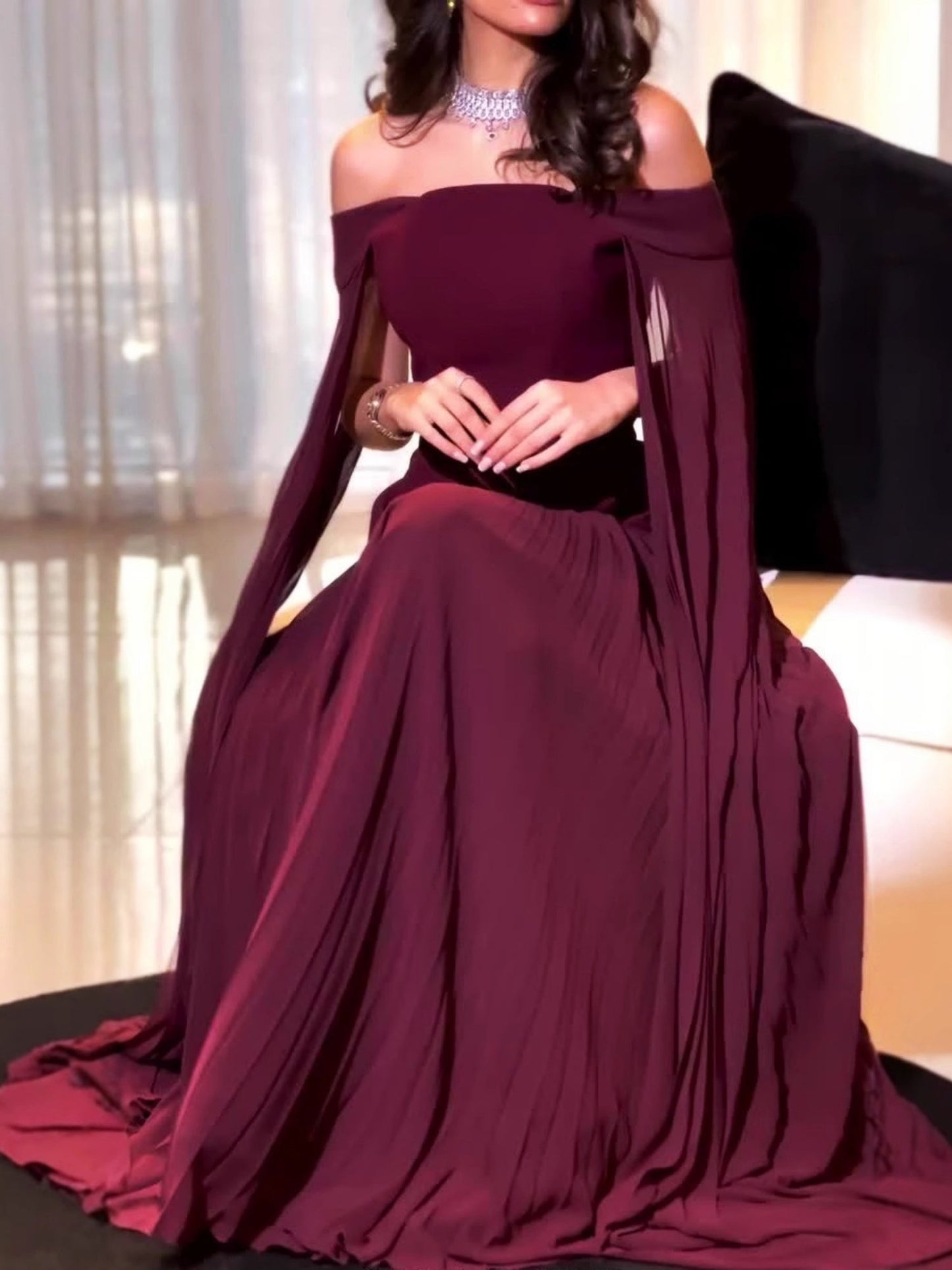 Off-shoulder Mesh Splicing Ribbon Maxi Dresses