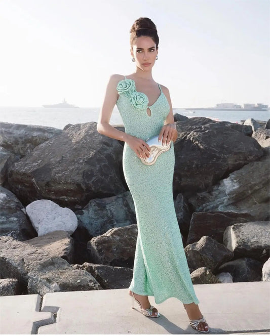 Mint Green Sequins Spaghetti Party Dress