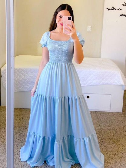 A-Line Dress Smocked Short Sleeves Tiered Ruffles Summer Maxi Dresses