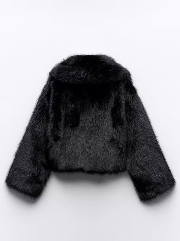 Faux Fur Coats Black No Waistline Long Sleeves Oversized Winter Coat