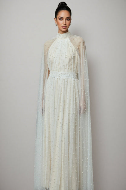 Xyvia Pearl Stand-up Collar Cap Sleeve Maxi Dress