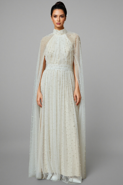 Xyvia Pearl Stand-up Collar Cap Sleeve Maxi Dress