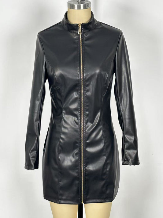 Sexy High Neck Long Sleeve Zipper Front Faux Leather Mini Dress For Women 2026