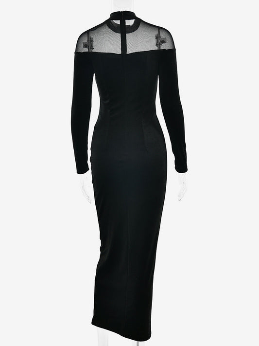 Velvet Mesh Patchwork High Neck Long Sleeve Bodycon Maxi Dress For Women 2026