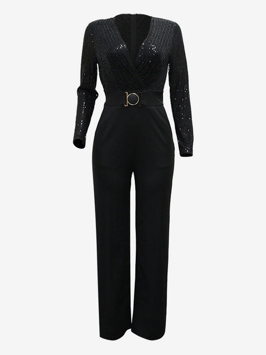 Sequined Stripe V-Neck Belted Wide Leg Party Jumpsuit For Women 2026