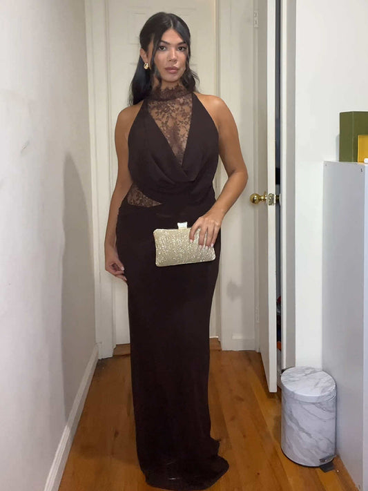 High Neck Lace Patchwork Cutout Sleeveless Maxi Bodycon Dress For Women 2026