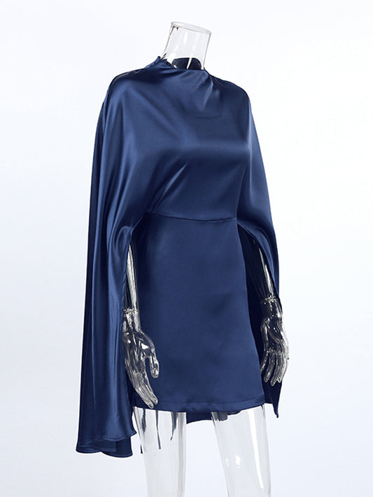 Satin Cape Sleeve High Neck Bodycon Mini Dress For Women 2026