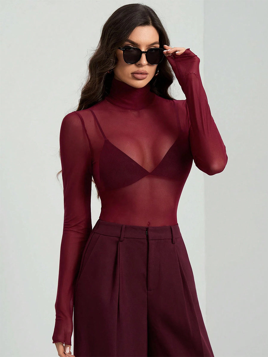 High Neck Long Sleeve Mesh Base Layer Top With Lettuce Edge For Women 2026