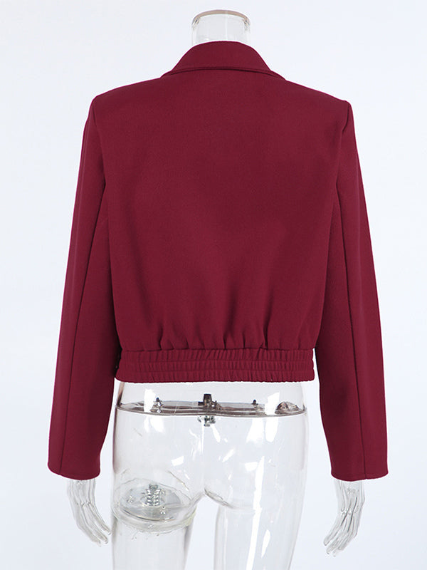 Burgundy Red Women's Cropped Jacket - Chic Turn Down Collar Zip Up Elastic Hem - Spring Casual Streetwear 2026