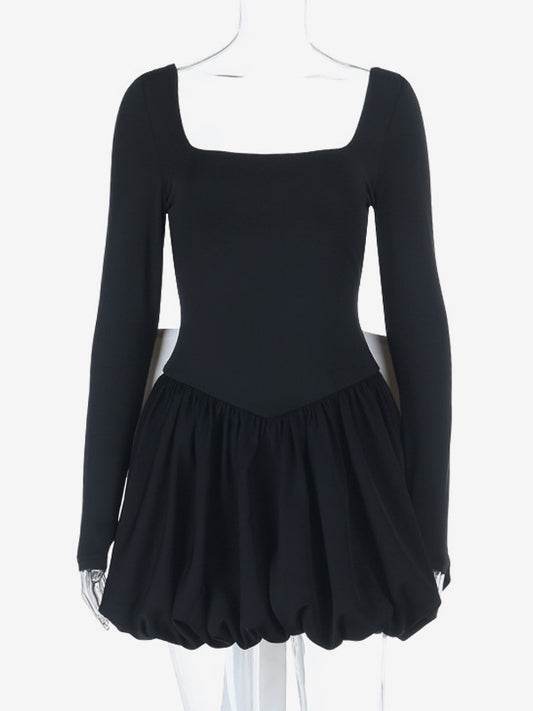 Square Neck Women Bubble Mini Dress With Big Bow - Black Long Sleeve Elegant Contrast - Audrey Style Spring Party Wear 2026