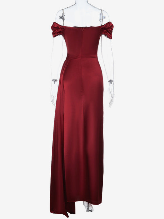 Off Shoulder Satin Maxi Dress For Women - Wine Red Elegant High Slit Ruched Gown - Spring Wedding Guest Party Wear 2026