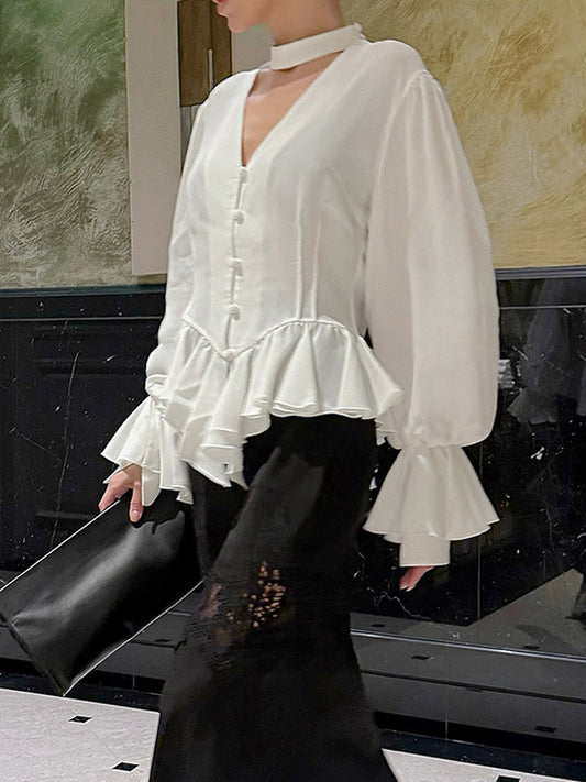 Peplum Blouse Women's Elegant White Top - Halter V Neck Lantern Sleeve Slim Fit - Spring Desk-to-Dinner 2026