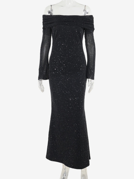 Glitter Off Shoulder Maxi Dress For Women - Sparkly Mesh Long Sleeve Mermaid Gown - Spring Gala Evening Party Outfits 2026
