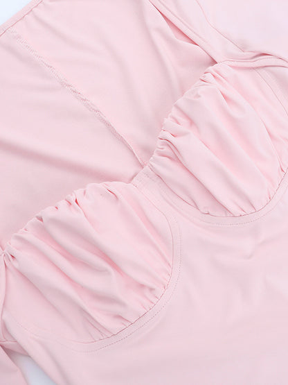 Coquette Bodycon Mini Dress For Women - Pastel Pink Long Sleeve Ruched Bust - Spring Brunch Date Night Outfits 2026