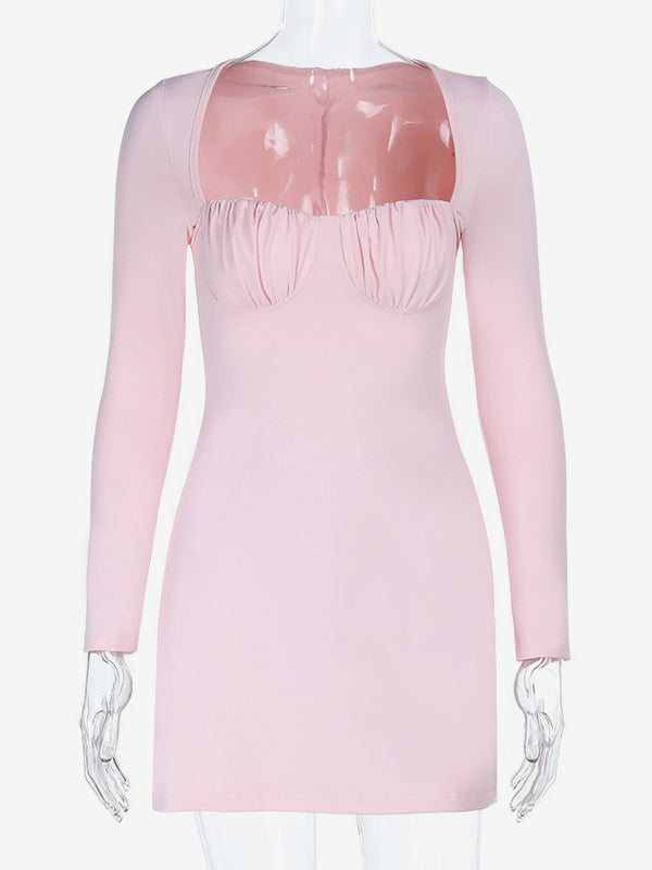 Coquette Bodycon Mini Dress For Women - Pastel Pink Long Sleeve Ruched Bust - Spring Brunch Date Night Outfits 2026