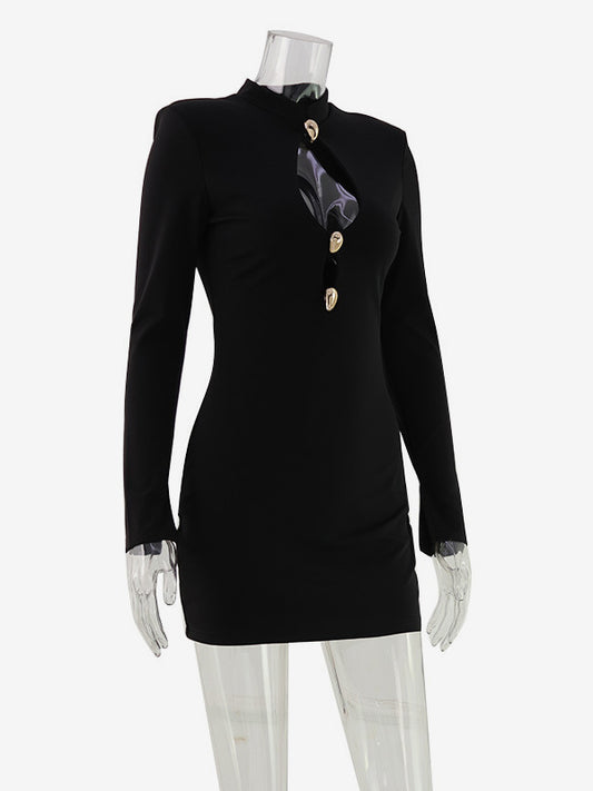 Cut Out Mini Dress For Women - Black Elegant Long Sleeve Gold Button Bodycon - Spring Night Out Club Party 2026