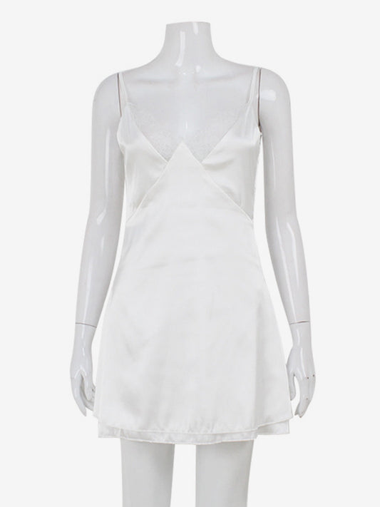 Satin Lace Trim Slip Dress For Women - White Sexy V-Neck Spaghetti Strap Mini Camisole - Summer Date Night 2026
