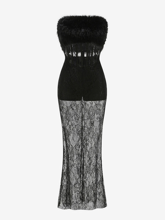 Sexy Faux Fur Lace Maxi Dress For Women - Black Strapless Corset Bodysuit Long Gown With Sheer Skirt - Summer Evening Party 2026