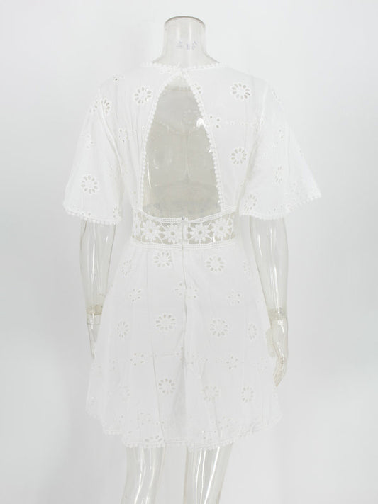 White Eyelet Backless Mini Dress For Women - Boho Flare Sleeve Fit And Flare Cotton Sundress - Summer Beach Vacation 2026