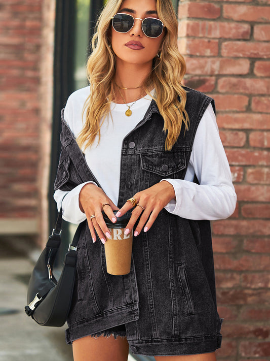 Oversized Denim Vest For Women - Vintage Distressed Sleeveless Long Jean Jacket Coat - Spring Summer Chic Streetwear 2026