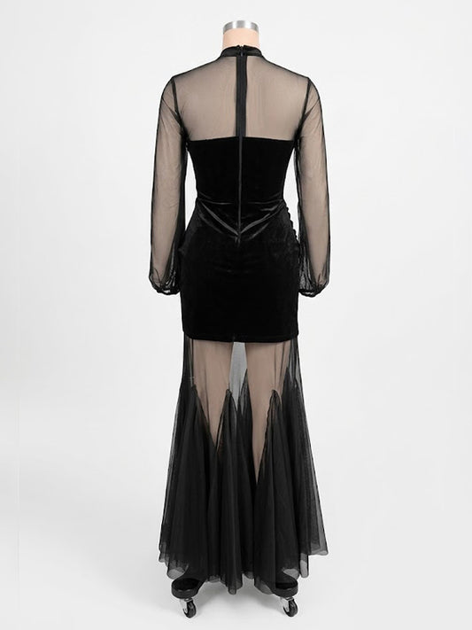 Velvet Corset Maxi Dress For Women - Black Sheer Mesh Long Sleeve Bodycon Mermaid Gown - Spring Formal Party 2026