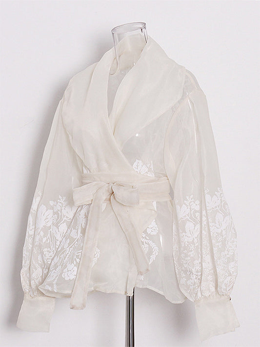 Embroidered Organza Blouses Puff Sleeve Tops For Women - Apricot Boho Tie Waist Sheer Wrap Shirt - Summer Garden Party 2026