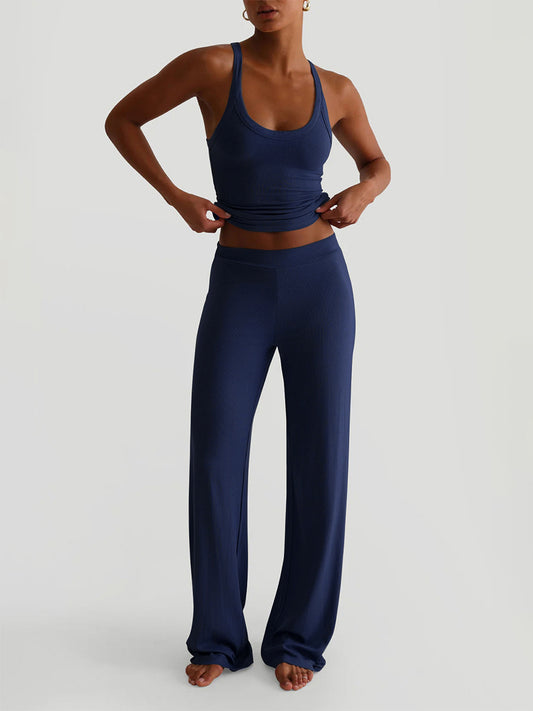 Ribbed 2 Piece Lounge Set For Women - Casual Sleeveless Tank Top And Wide Leg Pants Co-ord - Summer Relaxed Fit Outfits 2026