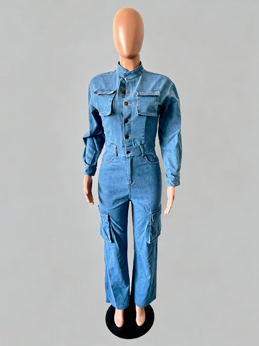 Cargo Denim Jumpsuit For Women - Light Blue Utility Style Accordion Pocket Wide Leg Jean Romper - Spring Streetwear 2026