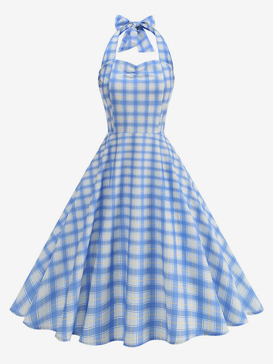 Chic Fitted Blue Plaid Gown With A Line Skirt Perfect For Summer Parties