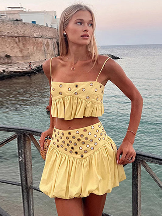 2-Piece Sets Skirt Set Yellow Elegant Straps Neck Pleated Sleeveless Sets