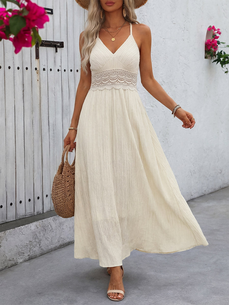 Women's Cream White Lace Waist Spaghetti Strap Maxi Dress V Neck Flowy Summer Beach Dress