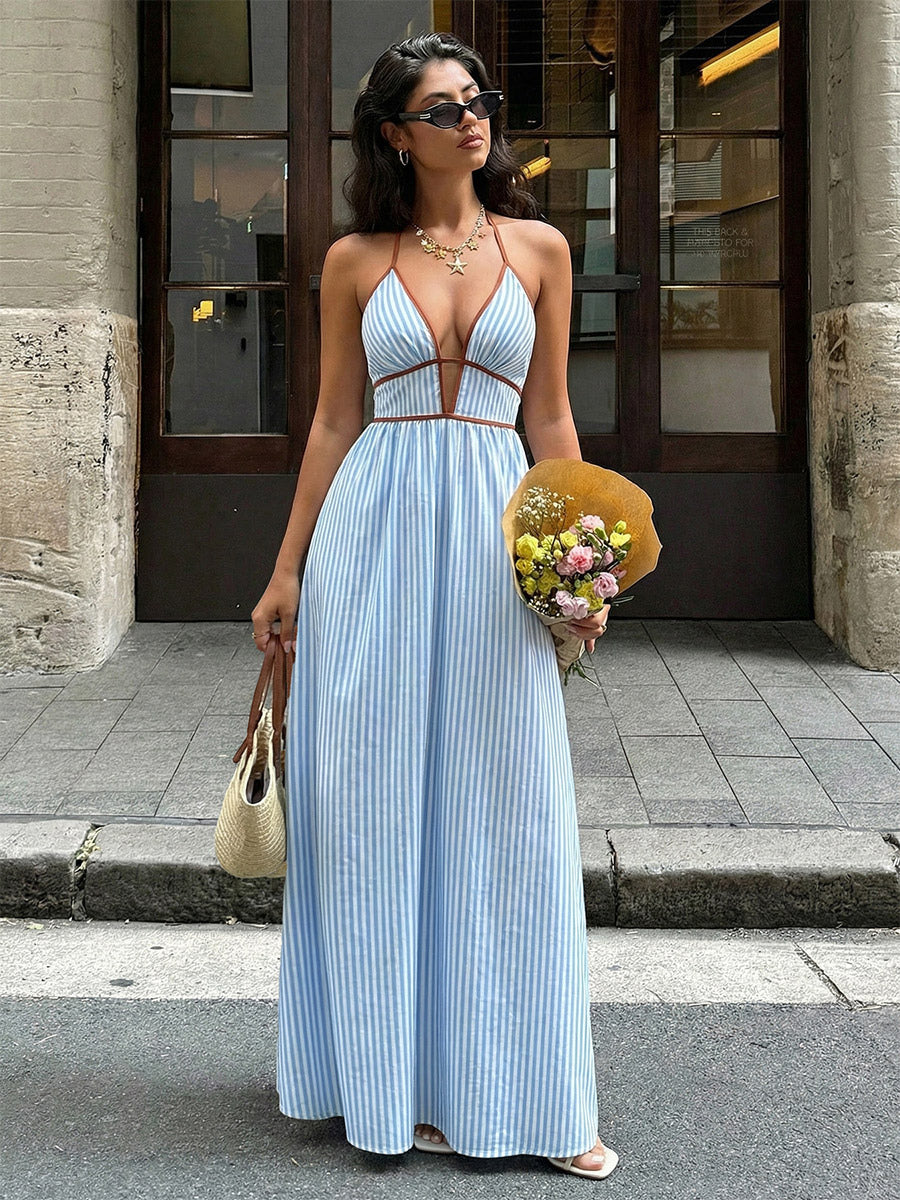 Deep V Halter Striped Maxi Dress Boho Glamour For Street Beach